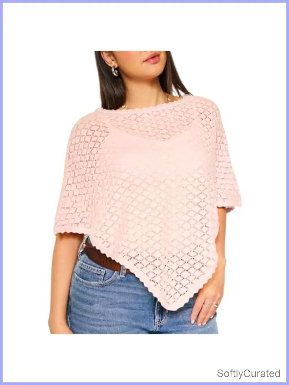 Crochet Batwing Sleeve Scalloped Trim Poncho Open Front Coverup Wrap
